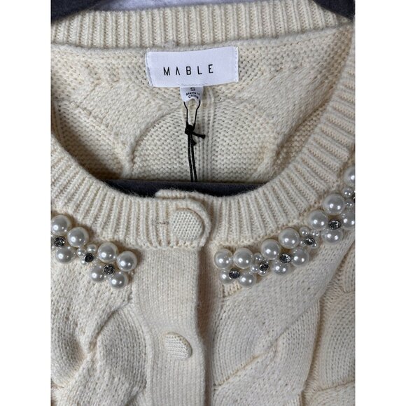 MABLE Women's Cream Pearl Cable Front Button Short Sleeve Sweater Cardigan NWT S - Picture 3 of 5